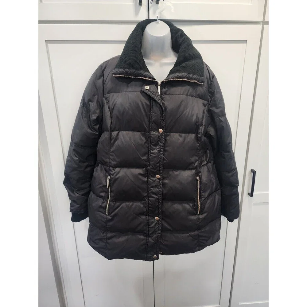 Michael Kors Women's XL Mid Lenght Black Down Puffer Coat with Ribbed Collar